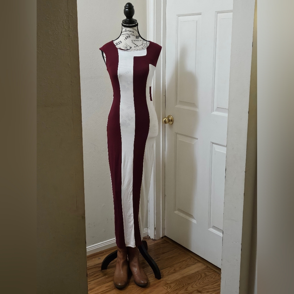 Elegant Burgundy and White Striped Dress